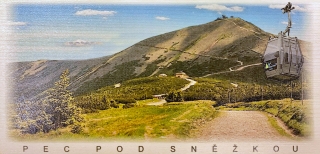 Pohlednice dřevěná - Pec pod Sněžkou (Sněžka & lanovka)