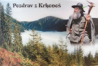 Pohlednice 3D Sněžka s Krakonošem v mlze
